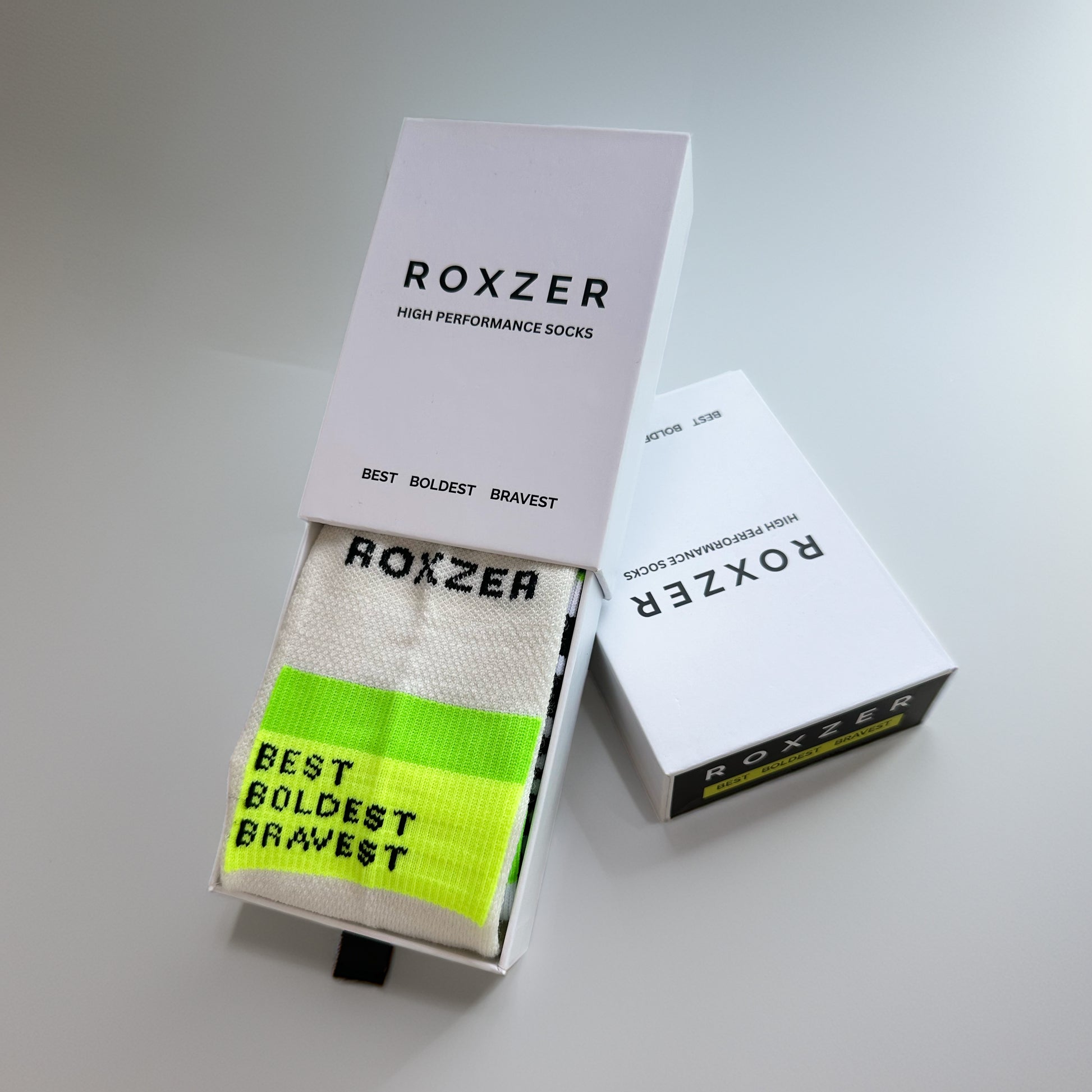 ROXZER Bold Block Merino HYROX performance sock, neon yellow & green, gift box